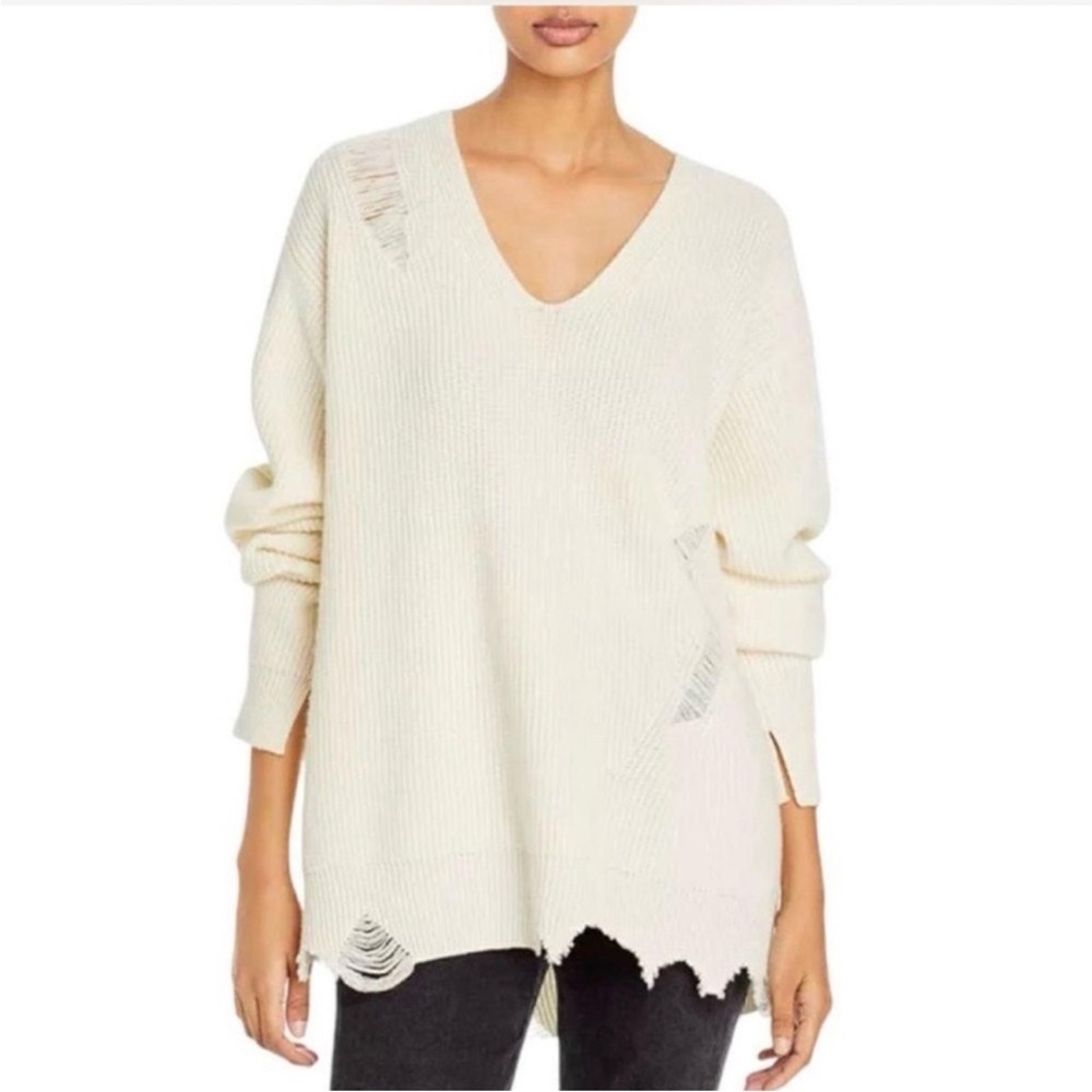 Helmut Lang Cream Distressed V Neck Wool Cashmere Sweater